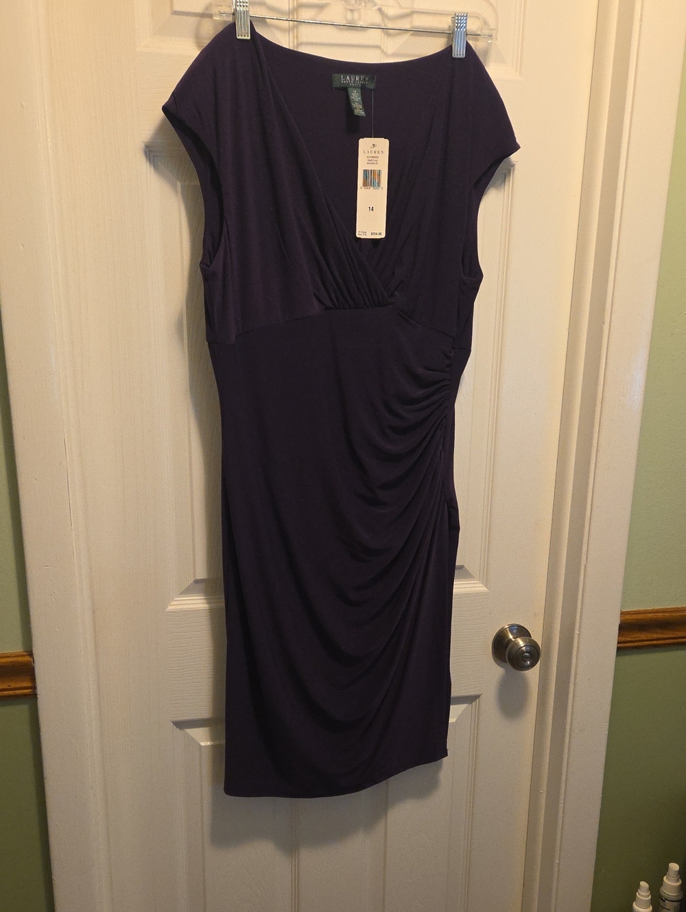 Lauren Ralph Lauren Deep Purple Ruched V-Neck Midi Dress